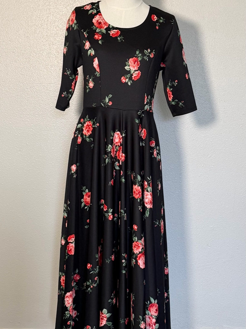 Women's Black Maxi Dress with Pink Floral Print